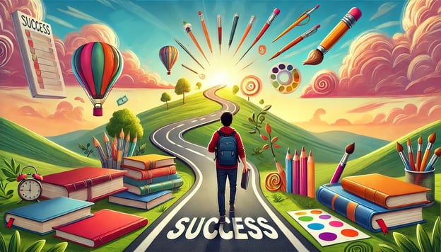 A student with a backpack walks a winding road marked "SUCCESS" toward the sun, past books and art supplies.