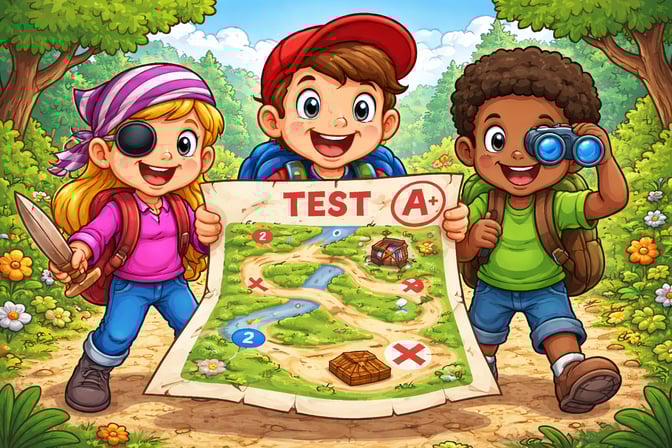 students traveling in a jungle using a test as a map