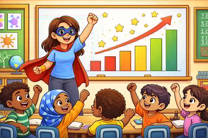 a superhero teacher and her students pumping their fists in the air with excitement over positive classroom progress (represented in colorful bar graph)