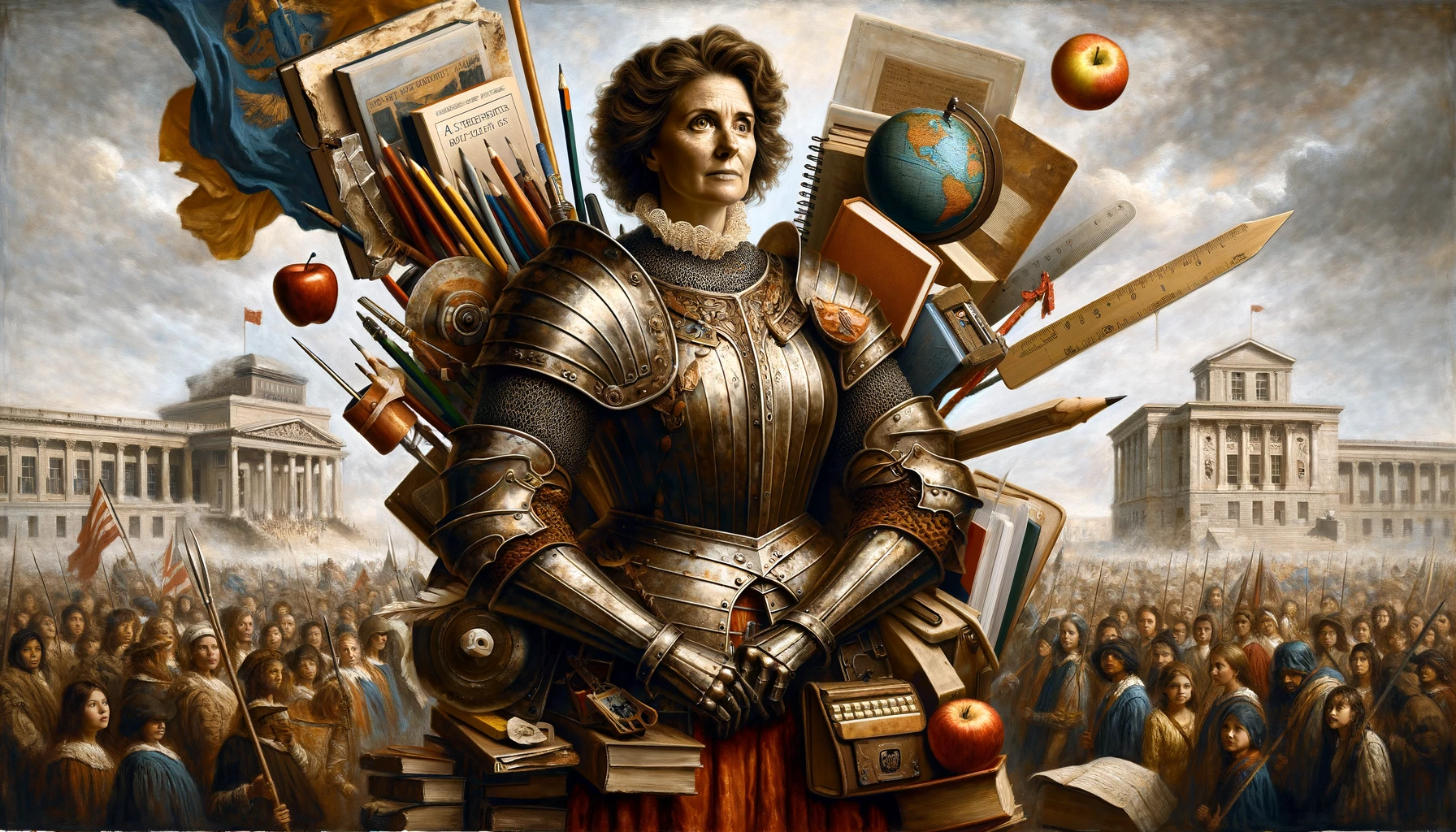 A teacher dressed as a warrior in a classical painting setting but surrounded by school gear.