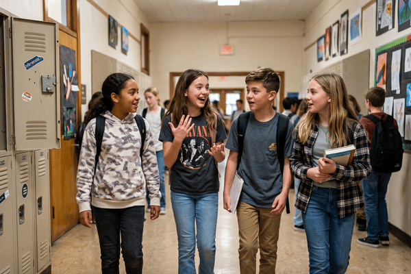 Kids talking about their Mission between classes