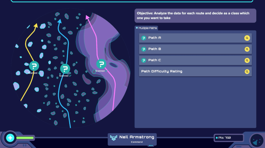 Map and data view of different paths during training mission