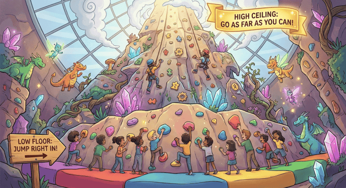 a group of students are standing at the bottom and beginning to climb a tall rock wall. The bottom is labeled "Low Floor" and the top has a banner reading "High Ceiling"