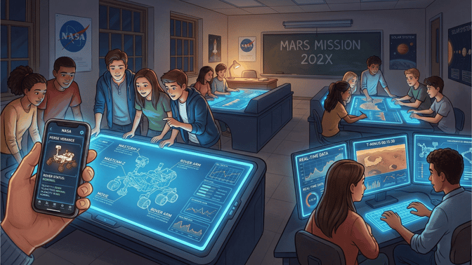 Students in a high-tech "Mars Mission" classroom interact with glowing blue touch-screen desks showing rover blueprints and real-time data. A hand holds a smartphone in the foreground displaying NASA's Perseverance rover status.