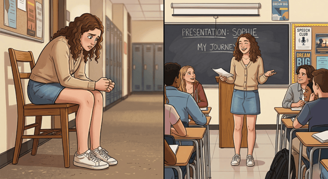 split screen. on the left, a curly haired student is nervously sitting in a school hallway. on the right, she is confidently presenting in front of a class of attentive and smiling peers