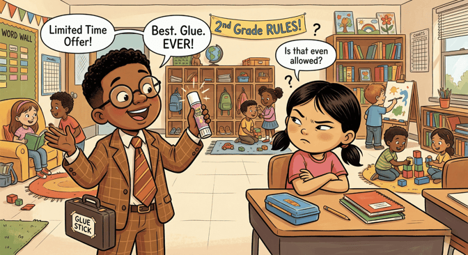 two students are speaking. one is trying to sell a gluestick to the other student, and he is dressed comically professionally for his age. the other student is skeptical and questioning if he should be allowed to sell gluesticks
