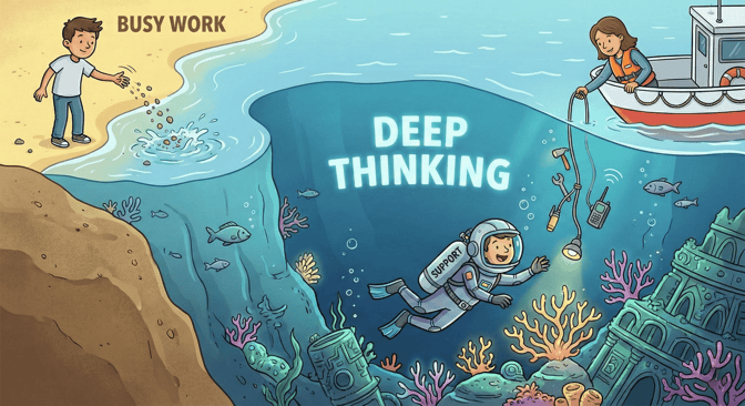 one kid is standing on the shore labeled "Busy Work" throwing pebbles into the ocean. The ocean is labeled "Deep Thinking" and the student there is gleefully scuba diving, supported by his teacher on a boat