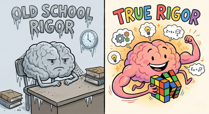 split screen: a grey, cold, upset brain on the left, titled "Old School Rigor." on the right, a smiling, brightly colored brain with muscles and thought bubbles, titled "True Rigor"