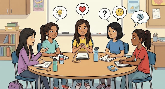 An illustration of five diverse girls sitting around a circular table in a classroom. Speech and thought bubbles above them contain symbols like a lightbulb, a heart, a question mark, and a sad face, representing a group discussion about ideas and emotions.