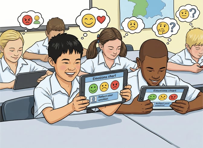 Diverse students in a classroom use tablets displaying an "Emotions Chart" with green, yellow, and red smiley faces. Thought bubbles above the students show various emojis, illustrating the use of digital tools for emotional self-reflection and check-ins.