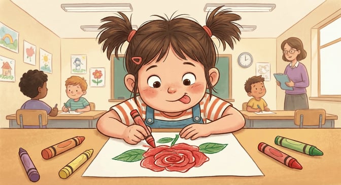 A young girl with pigtails focuses intently on coloring a red rose with crayons in a bright classroom. Other children and a teacher are visible in the background, capturing a moment of creative expression and mindful engagement in an early childhood setting.