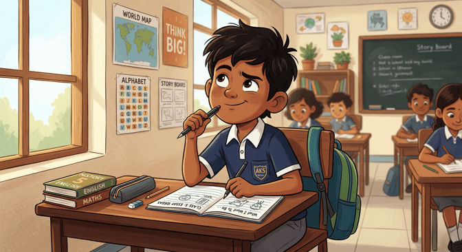 a student sits at his desk thoughtfully, drawing and writing in his notebook. other students are also quietly working behind him in the inviting, sunny classroom