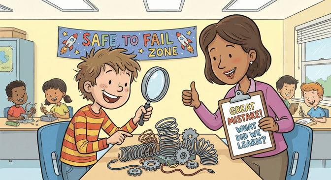 a banner hangs in the background of the classroom that says "Safe to Fail Zone." In the foreground, a student is investigating gears and springs, supported be a smiling teacher. Students in the background are similarly experimenting