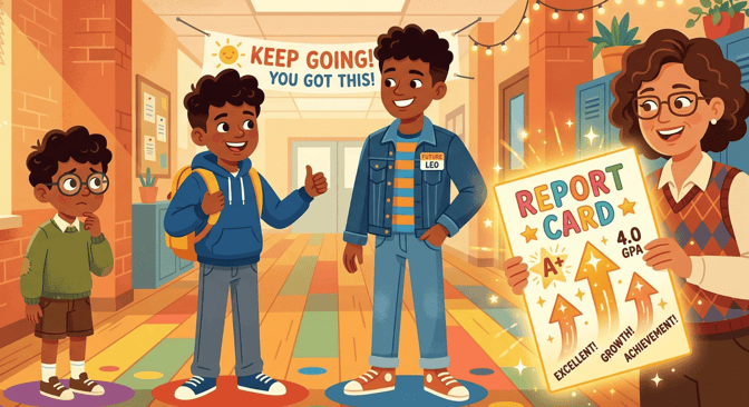 a young boy's progression shown through his past and future selves. his teacher is holding a report card celebrating his growth