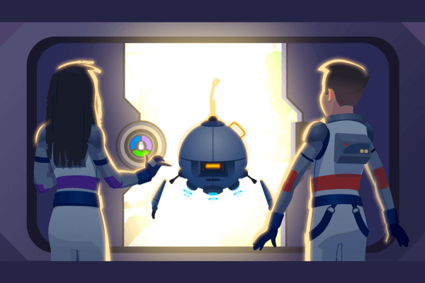 Two futuristic astronauts characters and a robot look bravely into an opening doorway that is illuminated with light.
