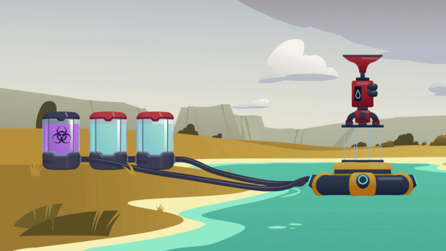 Illustrated view of a toxic pond ongoing treatment from futuristic machinery.
