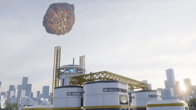 A mission snapshot of a futuristic power plant in the direct path of a falling asteroid.