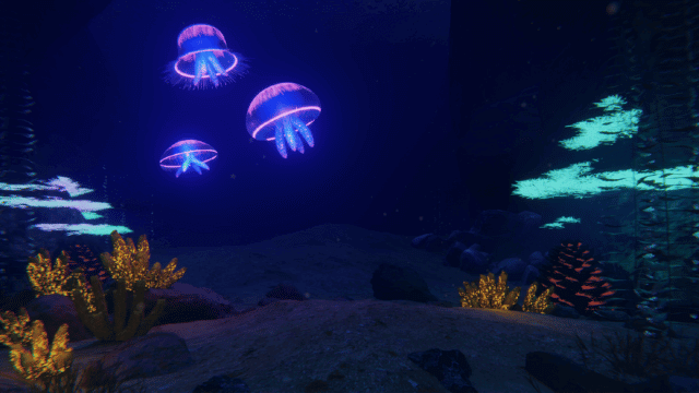 View from a mission of deep sea creatures glowing in a dark underwater setting.