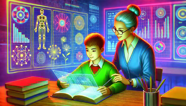 Vibrant illustration of a teacher guiding a student as they read a holographic book. The background features glowing neon scientific diagrams of human anatomy and biology, symbolizing deep conceptual learning and teacher-student collaboration.
