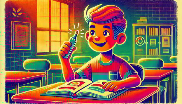 Stylized, colorful illustration of a happy student sitting at a classroom desk, holding up a glowing highlighter. He is looking at an open book with colored markings, representing the excitement and engagement of active reading strategies.