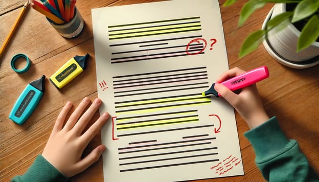 Top-down view of a student's hands annotating a text. The page includes yellow highlights and red symbols like question marks and arrows. Various highlighters and a pencil cup sit on the wooden desk, showcasing the "close reading" process in action.