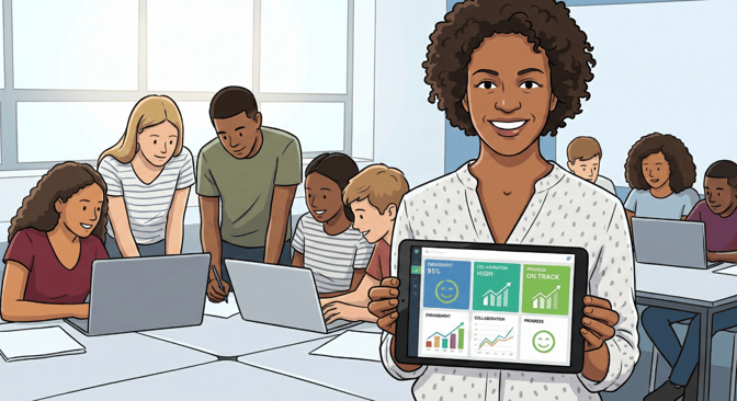 A smiling female teacher stands in the foreground holding a tablet that displays a dashboard with positive metrics, including "Engagement: 95%" and "Collaboration: High." In the background, a diverse group of students is actively working together on laptops at a shared desk.