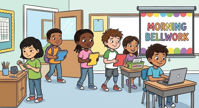 Diverse elementary students enter a classroom and follow a structured "Morning Bellwork" routine. One student uses a laptop while others turn in homework.