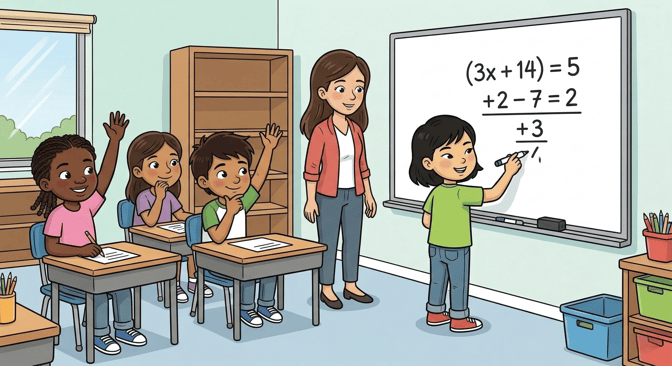 An elementary teacher observes a student solving an algebraic equation on a whiteboard while classmates participate. A clear example of formative assessment and interactive learning in a modern math classroom.