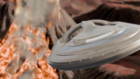 A spaceship narrowly escapes the explosion of a nearby volcano
