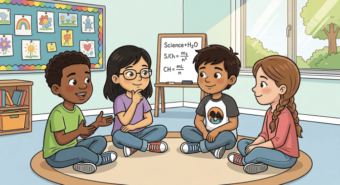 Four diverse students sit in a circle on a classroom rug engaging in a collaborative science discussion. In the background, a whiteboard shows scientific formulas, highlighting student-led inquiry and active learning routines.