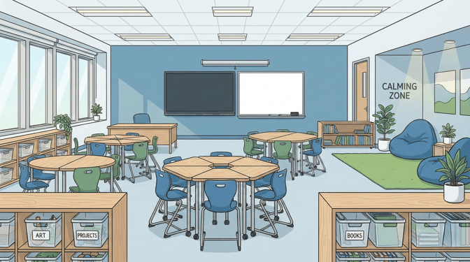 a well-organized, empty classroom. room features clustered hexagonal tables with blue and green chairs, neatly labeled wooden storage cubbies, an interactive whiteboard, and a dedicated "Calming Zone" in the corner. blue beanbag chairs and potted plants.