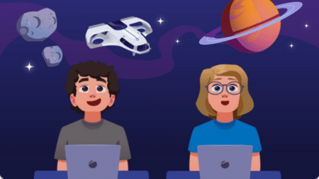Two users look up at the galaxy in awe as they engage in a mission together.
