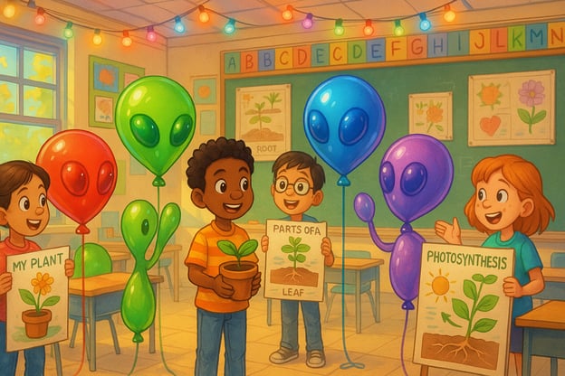 Diverse group of students in a classroom presenting posters on plants and photosynthesis. They are accompanied by whimsical, colorful alien-shaped balloons, creating a playful and imaginative atmosphere for their project-based learning.