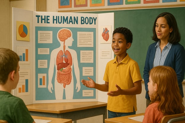 A student stands confidently in front of a classroom, presenting a detailed trifold poster titled "The Human Body." A teacher and fellow students watch attentively as he explains the various organs and diagrams shown on the board.