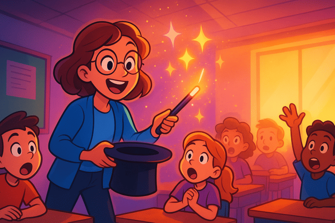 a teacher holding a magic wand in front of her class of surprised students