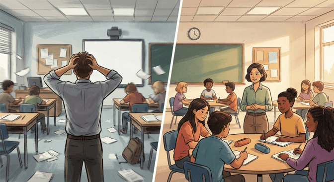 A split-screen illustration contrasting two classroom environments. On the left, a stressed teacher holds his head in his hands amidst chaos. On the right, a smiling female teacher stands in a calm classroom where students are sitting at round tables, collaborating peacefully.