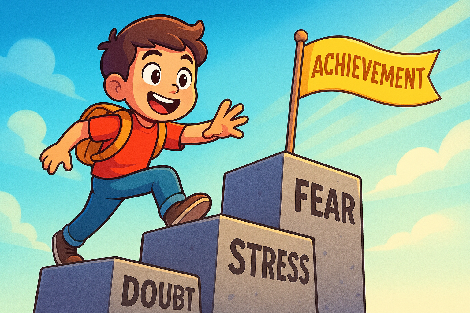 student walking up staircase of doubt fear stress to the flag of achievement