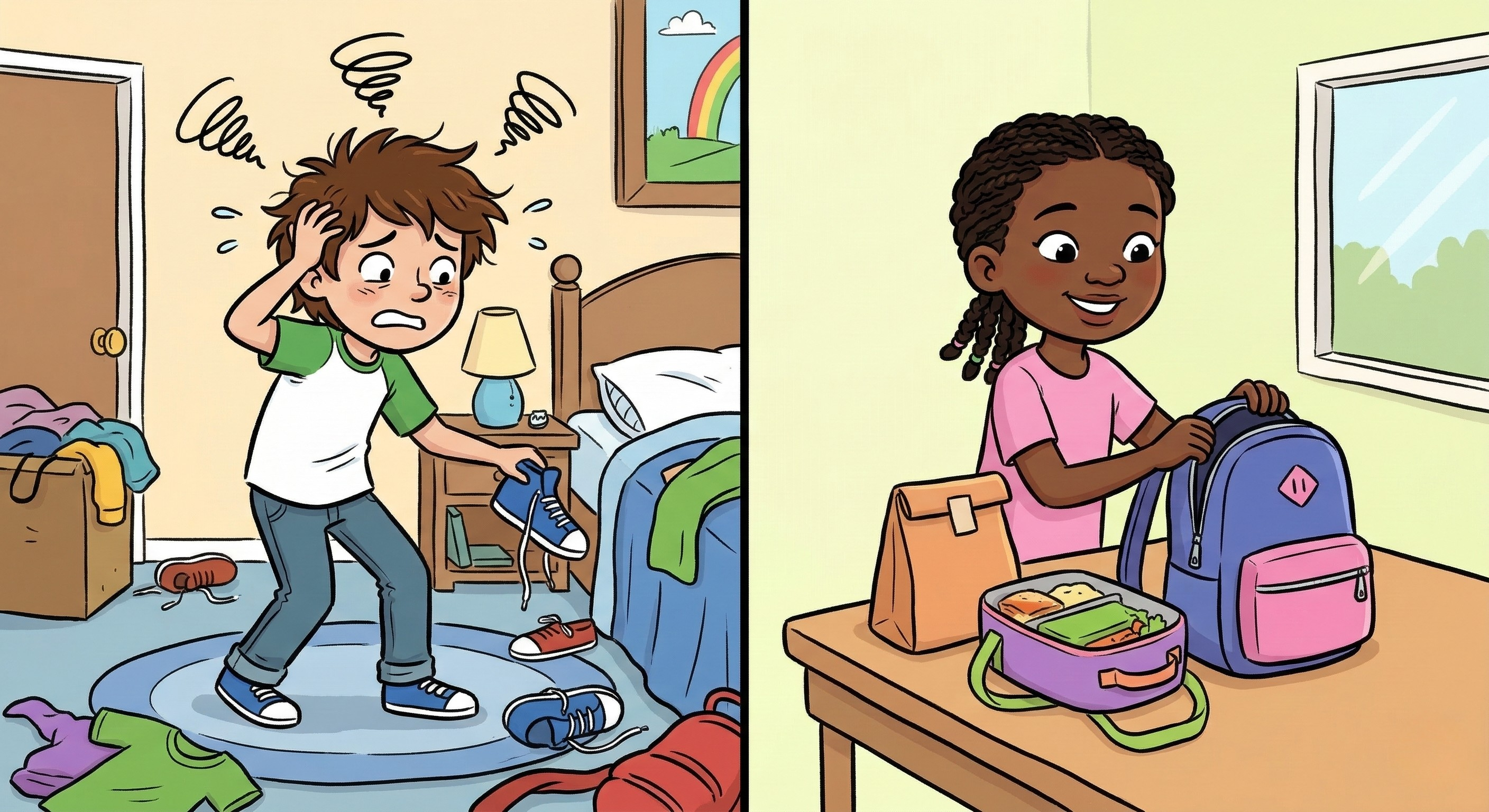 A split-screen illustration of two children preparing for school. One child is stressed in a messy bedroom, while the other is organized and packing a lunch.