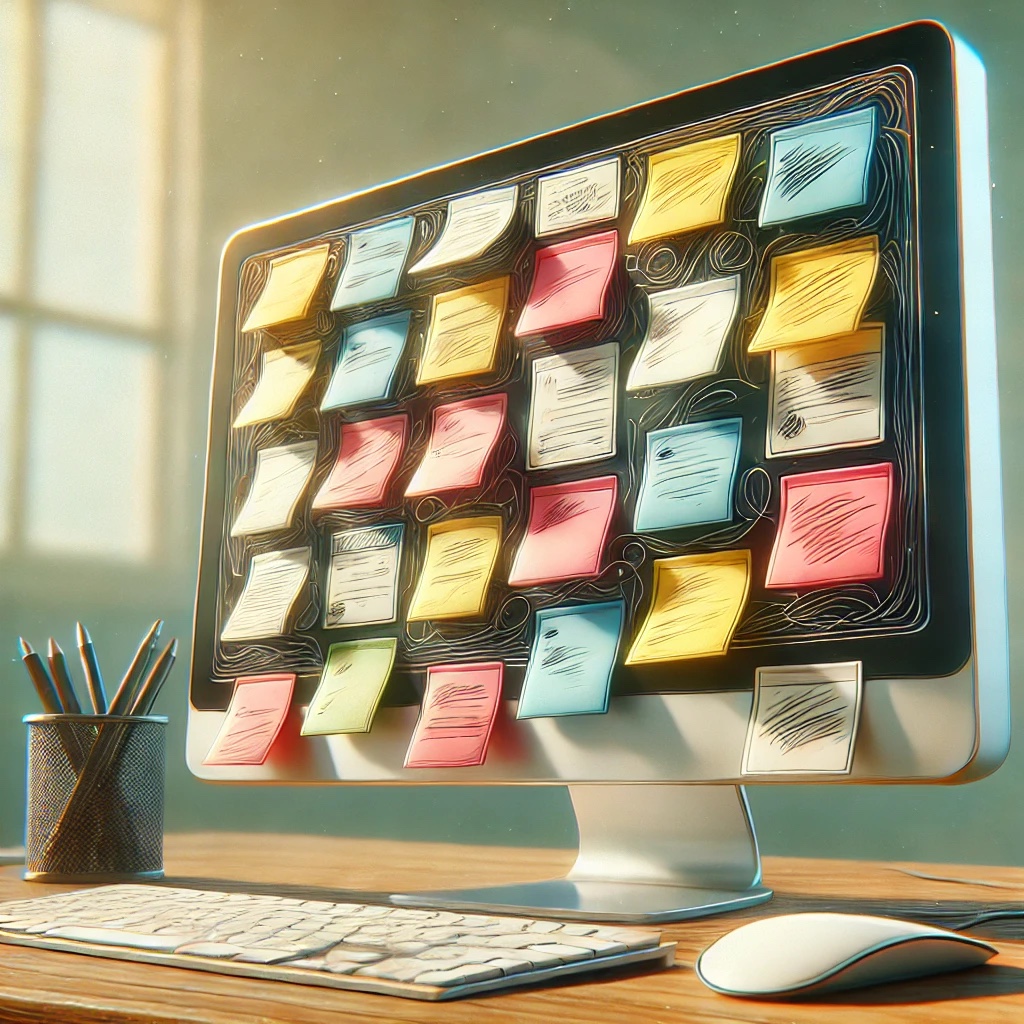 Teacher computer covered in sticky notes filled with ideas and reminders.