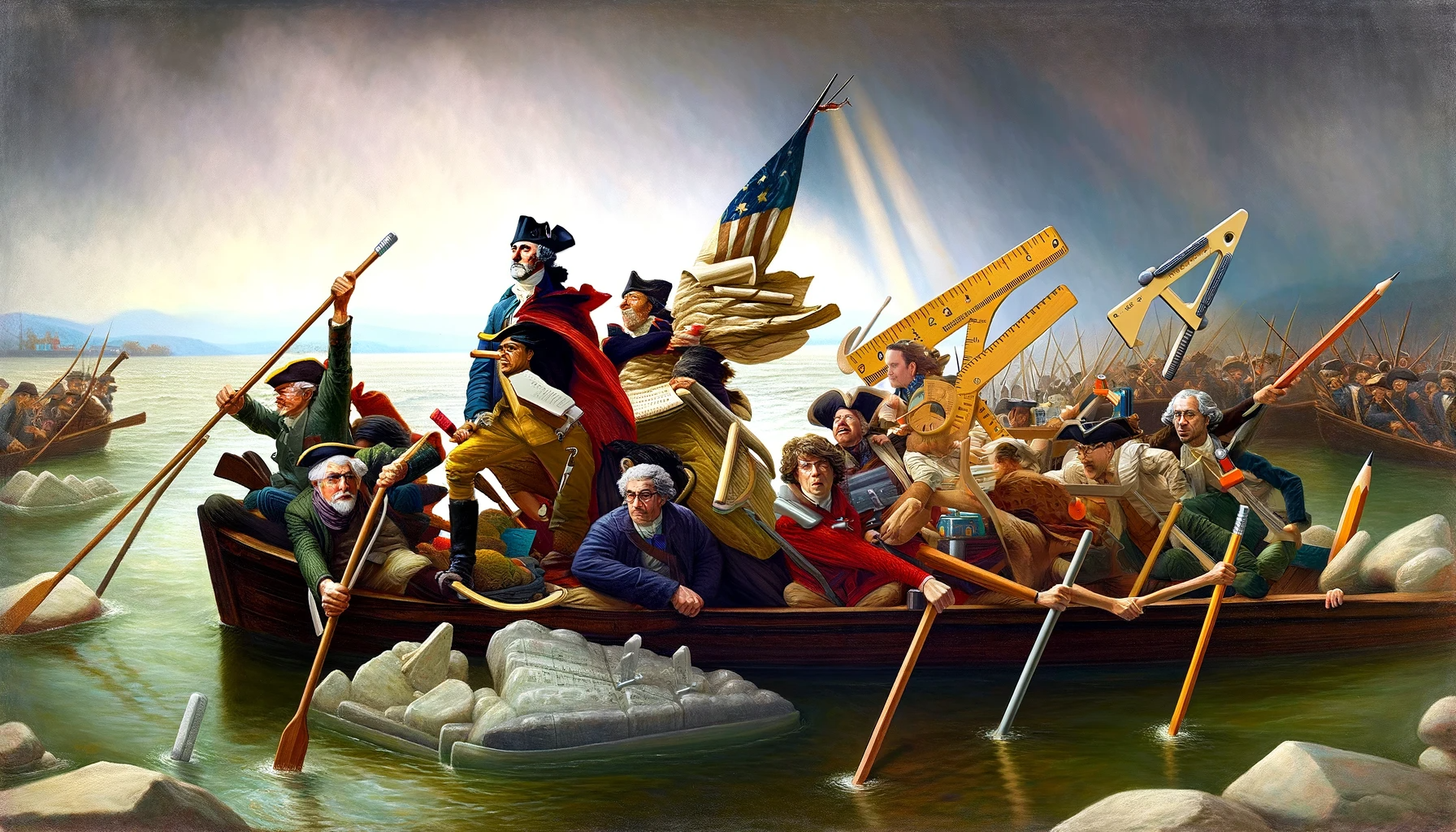 Whimsical reimagining of Washington Crossing the Delaware painting, featuring teachers in stereotypical attire, humorously armed with oversized school supplies like giant rulers and pencils, posing heroically in a boat against an artistic backdrop.