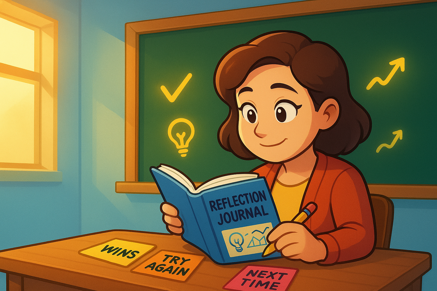 A teacher smiling while writing in a 