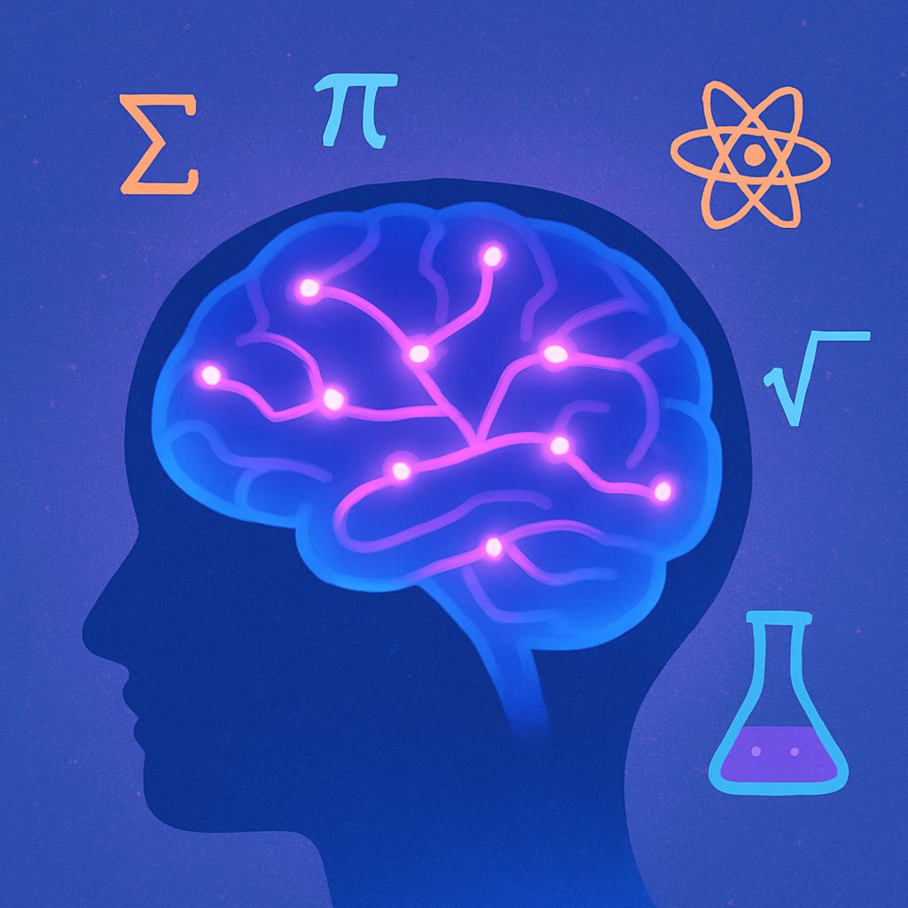 An outline of a head with the brain shown within and brain waves lit up. Mathematic symbols around the head