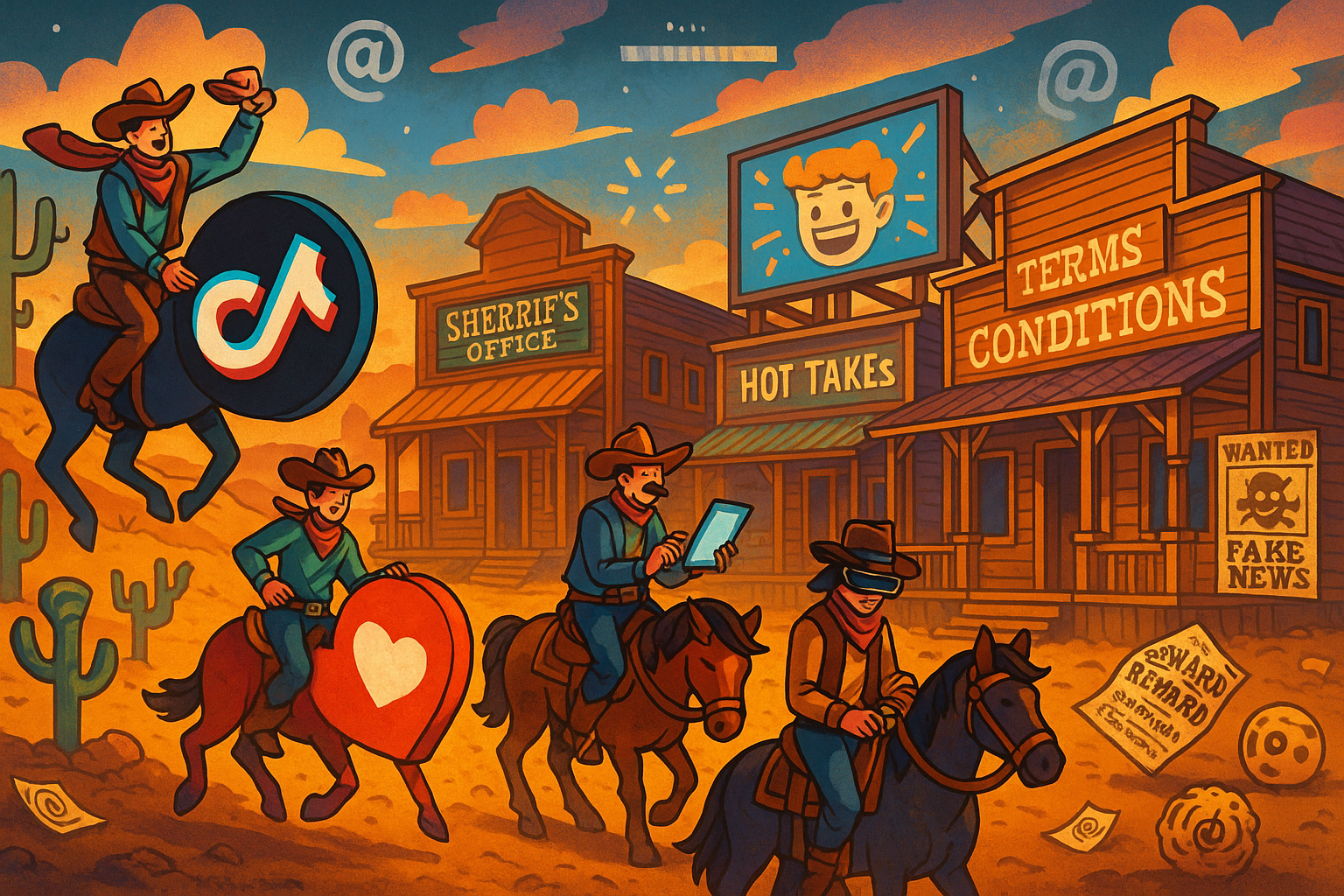 a old style town with cowboys on horses looking at their phones. with media symbols and a tiktok logo