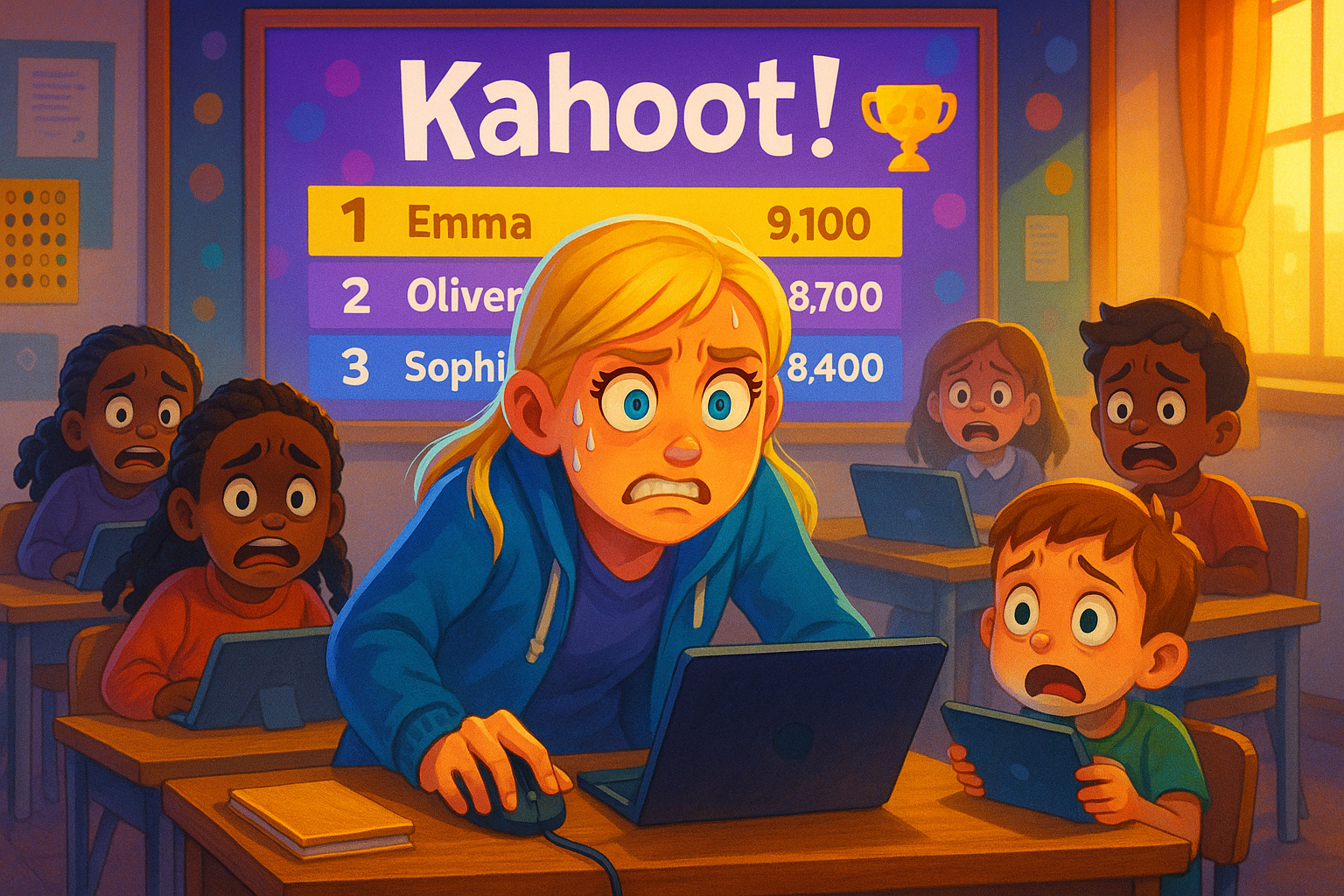 girl with laptop sweating with a look of determination. kahoot scoreboard in the backround