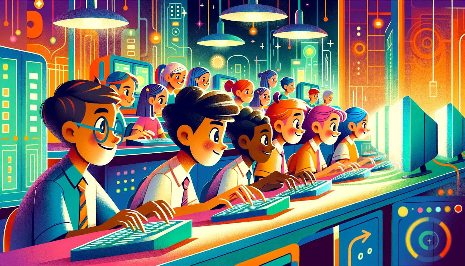 Rows of smiling students type on keyboards in a colorful computer lab, facing glowing monitors.