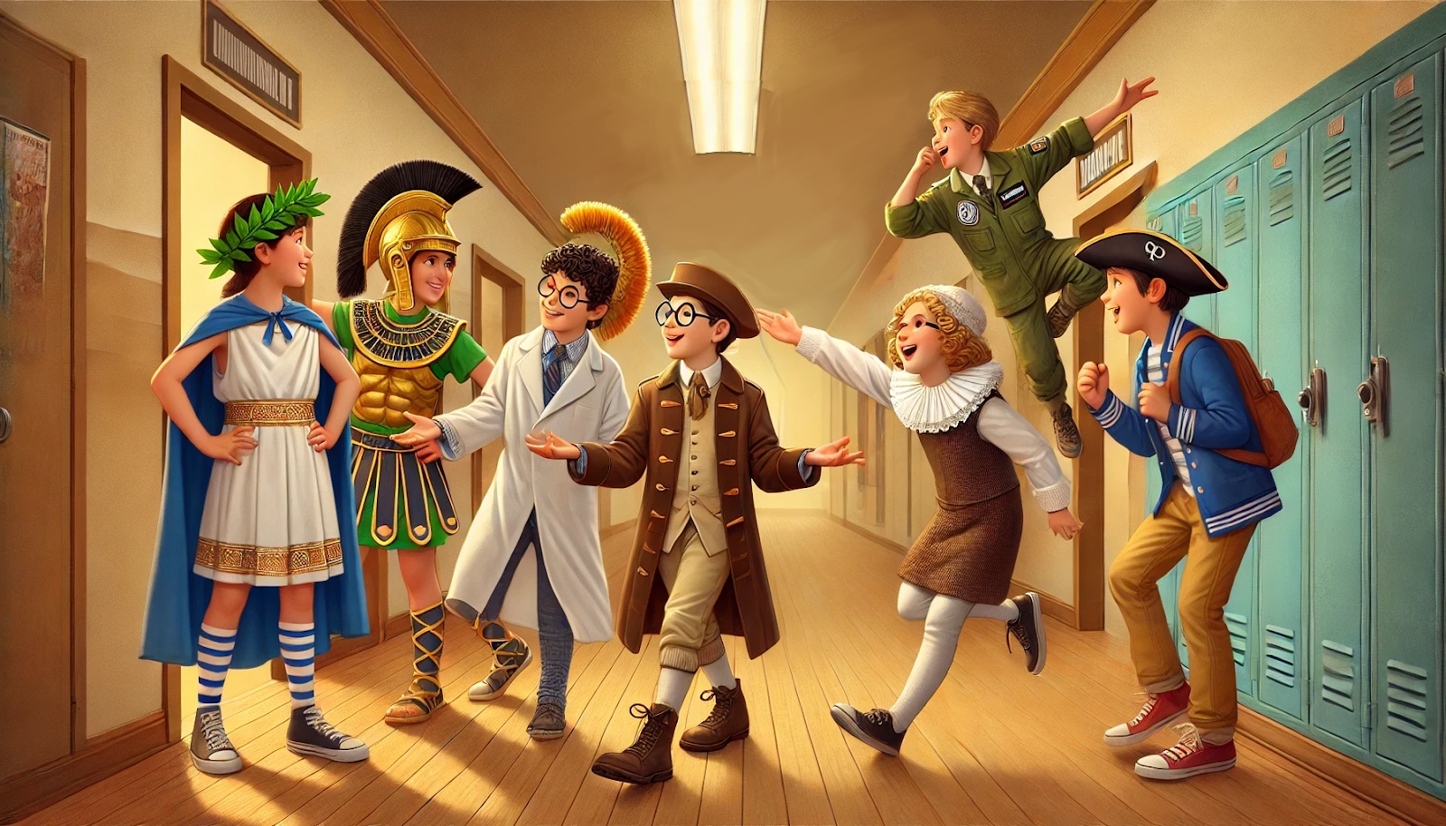 Students in costumes, including an ancient Greek, a Roman soldier, a scientist, a colonial figure, a pilot, and a pirate, talk and gesture in a school hallway lined with lockers.