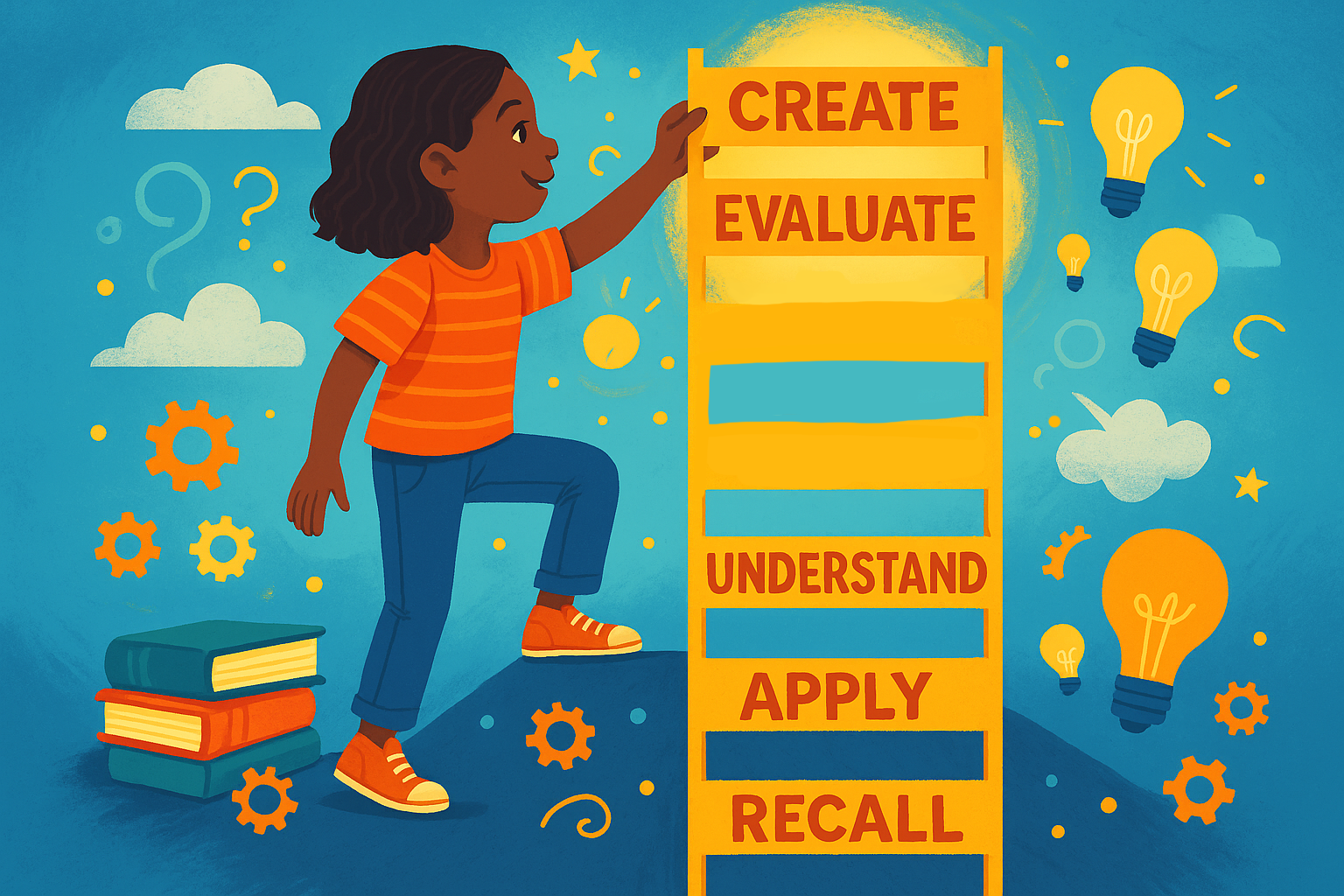 A girl climbing a yellow ladder with rungs labeled Recall, Apply, Understand, Evaluate, and Create, showing levels of thinking from bottom to top.