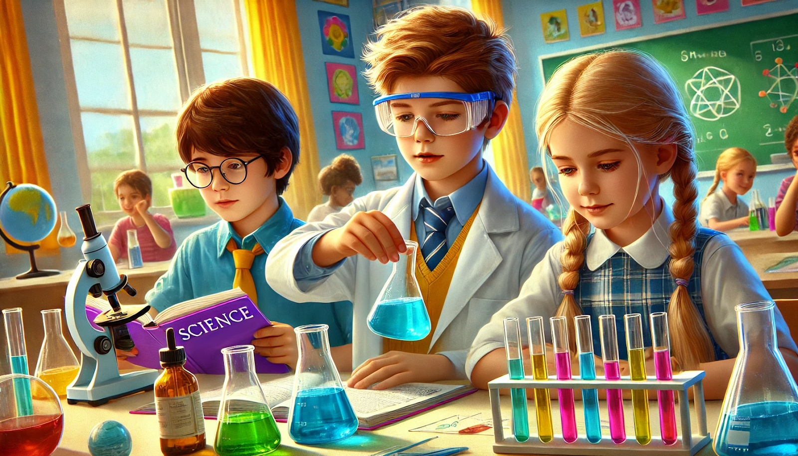 Three students in a science classroom work with flasks, test tubes, a microscope, and a science textbook, with one student in safety goggles holding a flask of blue liquid.