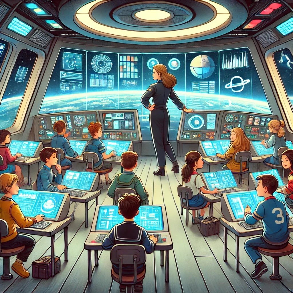 A teacher in a dark flight suit stands on a spaceship deck facing a view of Earth, while students sit at glowing screens at their desks.