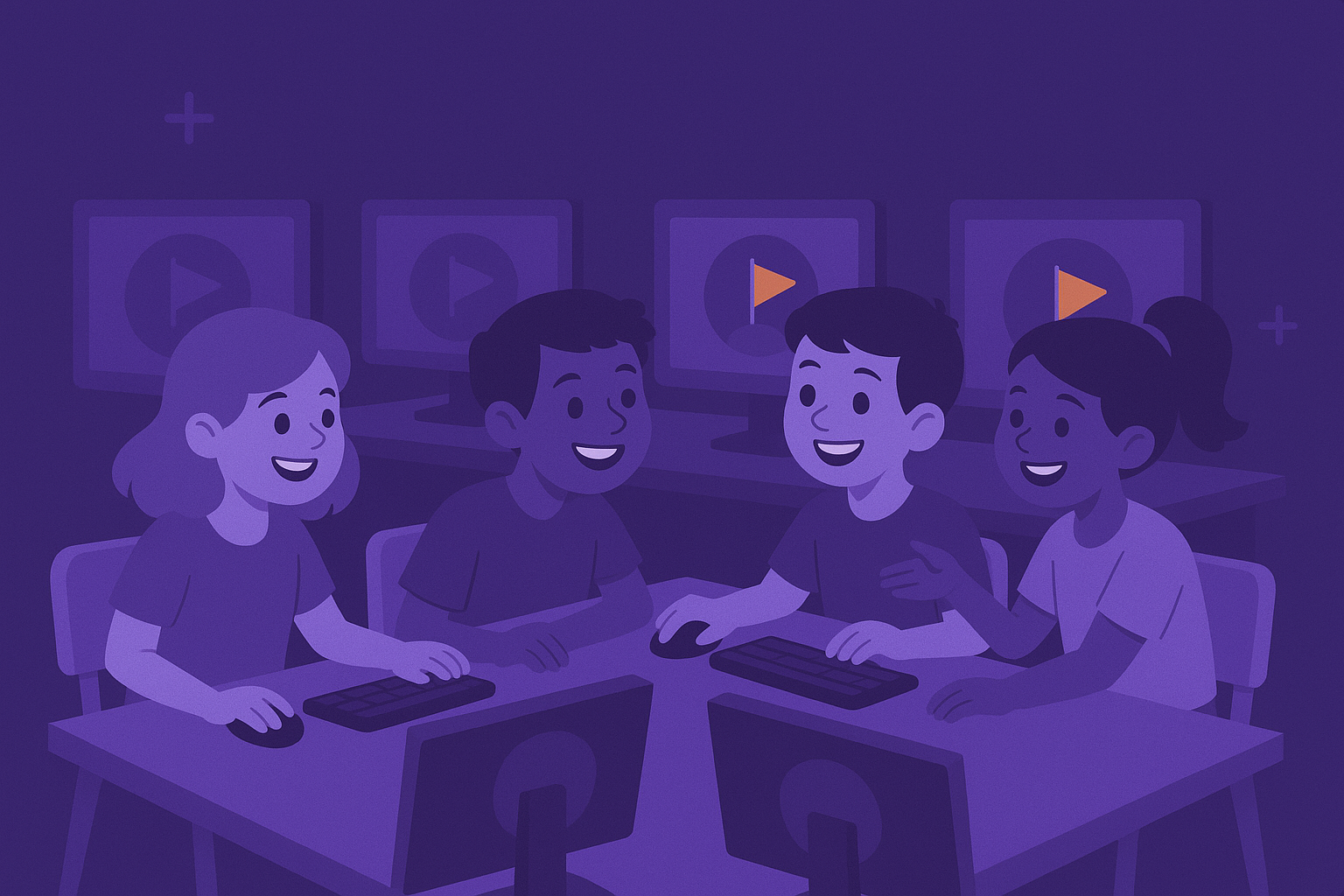 Students collaborating in a computer lab